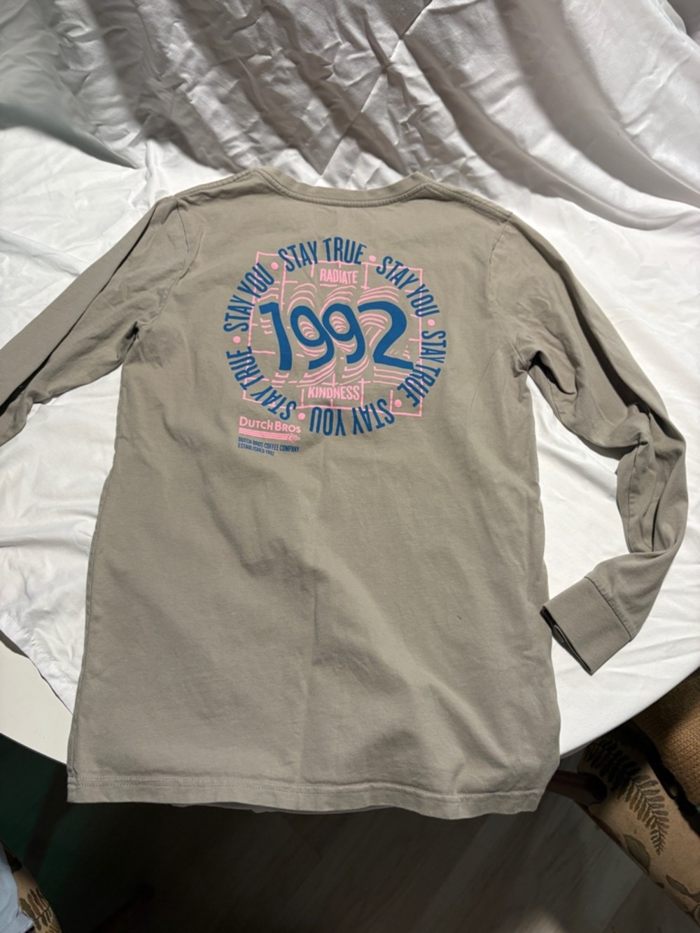Dutch Bros Taupe Long Sleeve Tee with Blue & Pink 1992 Graphic